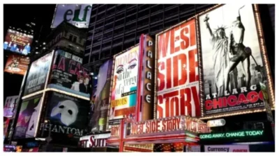 Broadway theater billboards in Times Square stock photo
