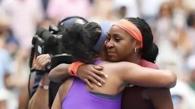 Naomi Osaka and Coco Gauff embrace after 2025 US Open match (Simon Bruty/USTA)