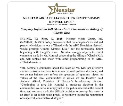 Nexstar to Preempt Jimmy Kimmel