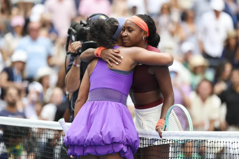 Naomi Osaka and Coco Gauff embrace after a women's singles match at the 2025 US Open on Monday, Sep. 1, 2025 in Flushing, NY. (Simon Bruty/USTA)