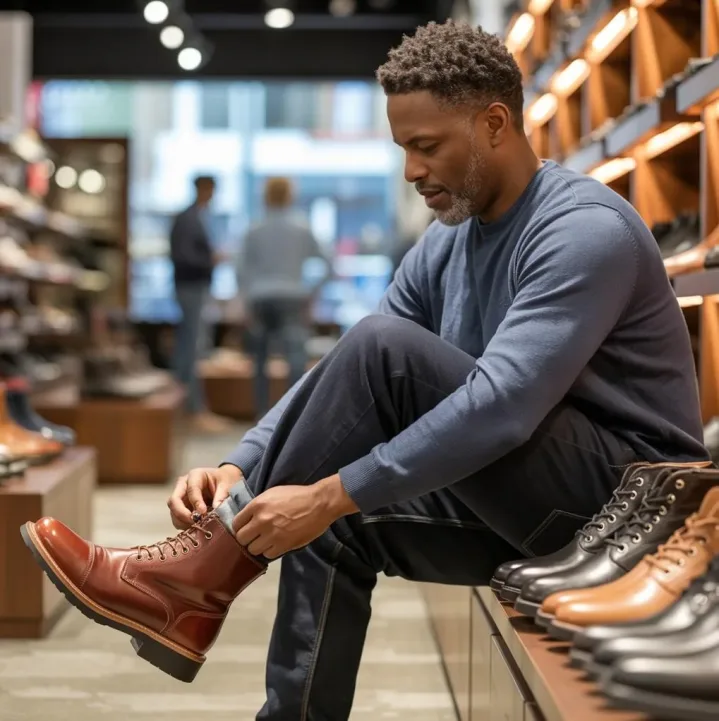 African American male trying pair of boots - via eurAI