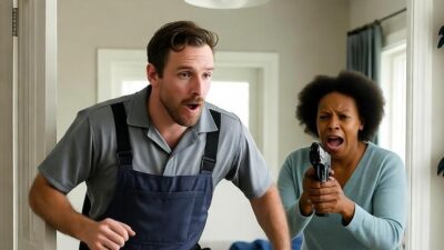 An appliance repair technician mid-escape through a back door from woman with a handgun - via GrokAI