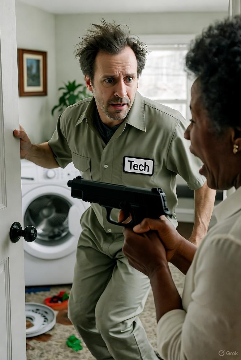 An appliance repair technician mid-escape through a back door from woman with a handgun - via GrokAI