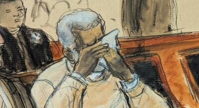 Diddy wipes tears away in court at sentencing (artist rendering)
