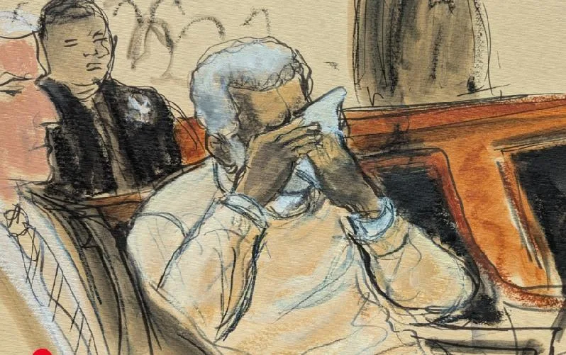Sean 'Diddy' Combs wipres tears away in court at sentencing hearing - artist rendering
