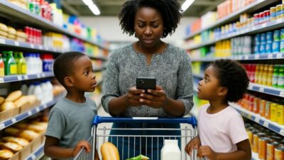 Frustrated single mom and 2 kids shopping (no SNAP-EBT) - via GrokAI