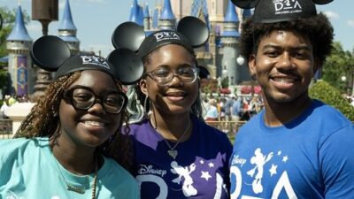 Students from the Houston, Texas area are all smiles on the first day of the Disney Dreamers Academy 2025 at Walt Disney World Resort. These students are among the 100 Disney Dreamers who participated in a festive parade at Magic Kingdom Park on March 27, 2025. (Mark Ashman, photographer)