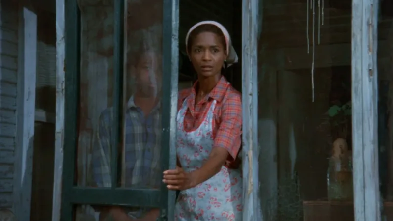 Margaret Avery wearing a plaid shirt and apron looks out from behind a screen door with concern in a scene from Riverbend (1989).
