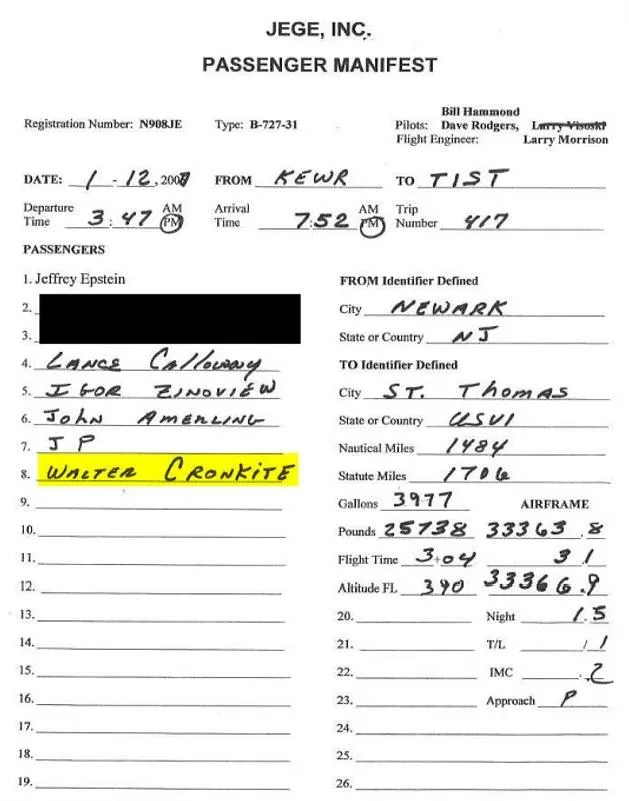 Jeffrey Epstein Passenger Manifest (Walter Cronkite) - via House Oversight Committee