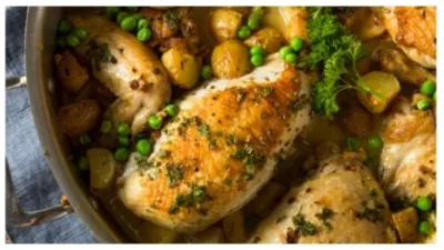 Homemade Baked Chicken Vesuvio stock photo