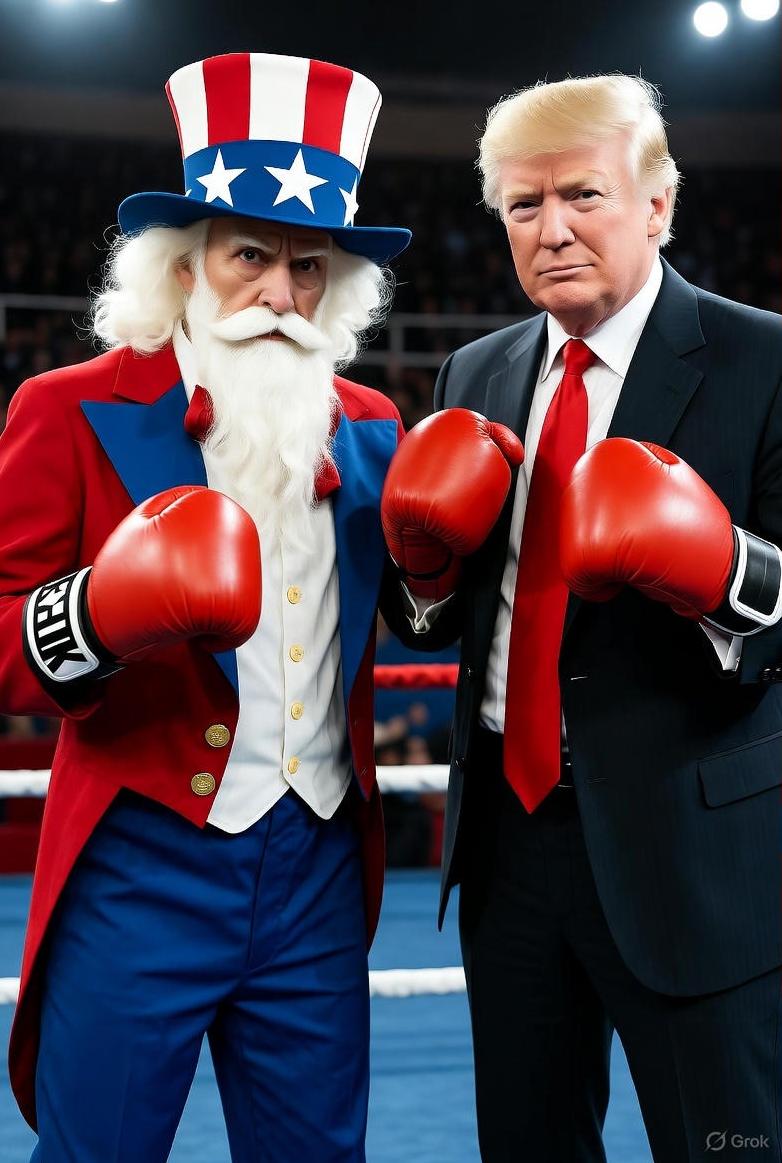 Trump boxing Uncle Sam - via GrokAI