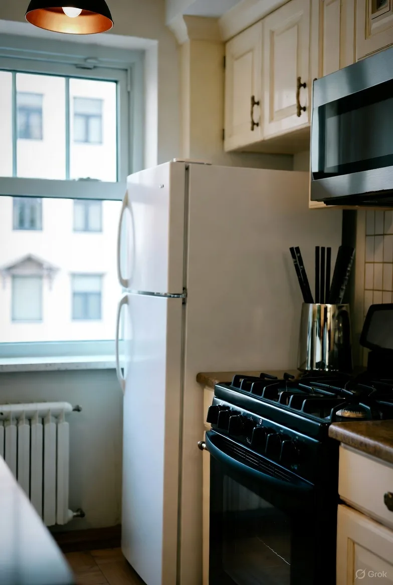 refrigerator and stove inside an apartment