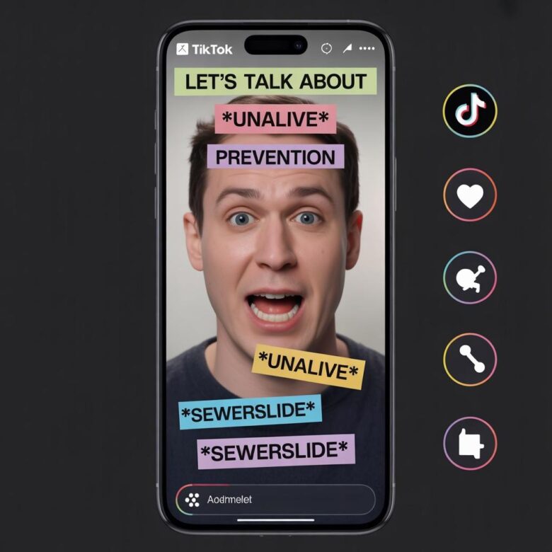 A TikTok-style vertical phone screen showing a video titled &ldquo;Let&rsquo;s talk about 'unalive' prevention&rdquo; with censor bars and code words flashing, mocking the euphemism trend - eurAI