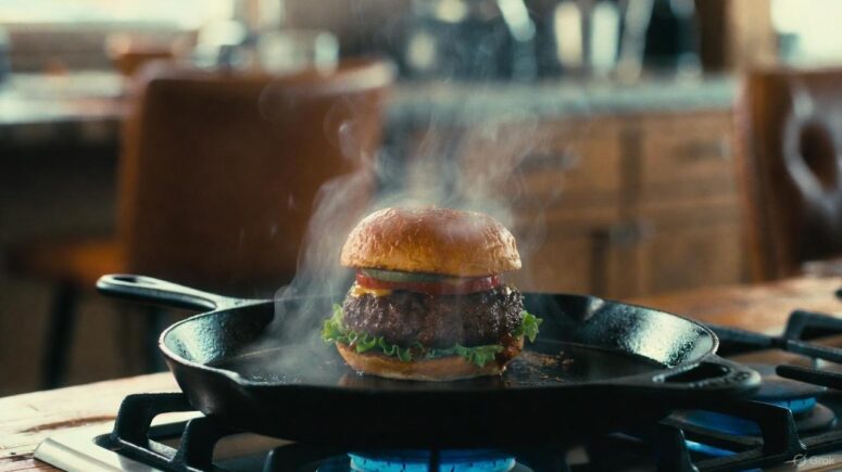 A cinematic kitchen scene with a sizzling bison burger on a cast-iron skillet - via GrokAI