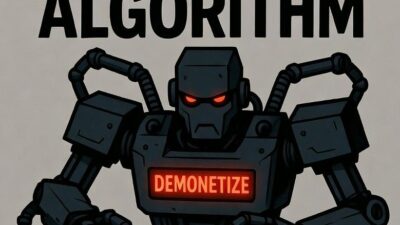 A comic-style illustration of a frustrated content creator surrounded by speech bubbles saying &ldquo;seggs,&rdquo; &ldquo;unalive,&rdquo; and &ldquo;pew pew,&rdquo; and a giant robot - via GrokAI