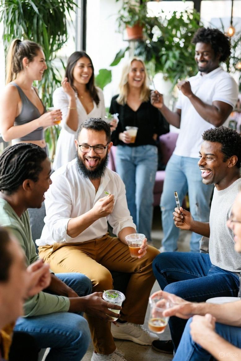 A diverse group of Gen Z and millennial adults laughing and socializing at a wellness-focused gathering, with visible cannabis use and no alcohol in sight - via GrokAI