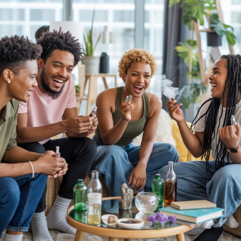 A group of African American Gen Z and millennial adults laughing and socializing at a wellness-focused gathering, with visible cannabis use and no alcohol in sight - via eurAI