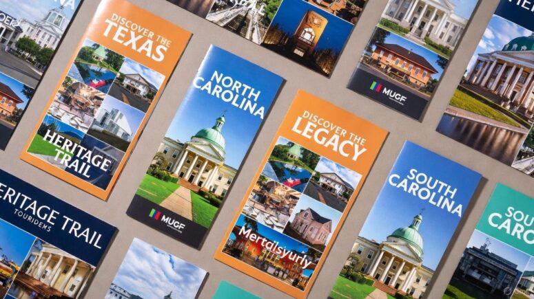 A glossy promotional-style travel ad featuring brochures for Black history tourism, highlighting museums in Texas, North Carolina, and South Carolina with bold 'Heritage Trail' branding / via GrokAI