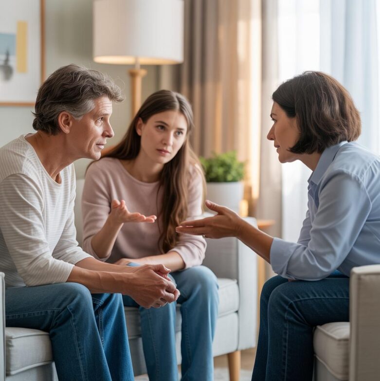 A parent and adult child in a family therapy session, mid-conversation with a compassionate therapist nearby, in a calm, neutral-toned setting / via eurAI