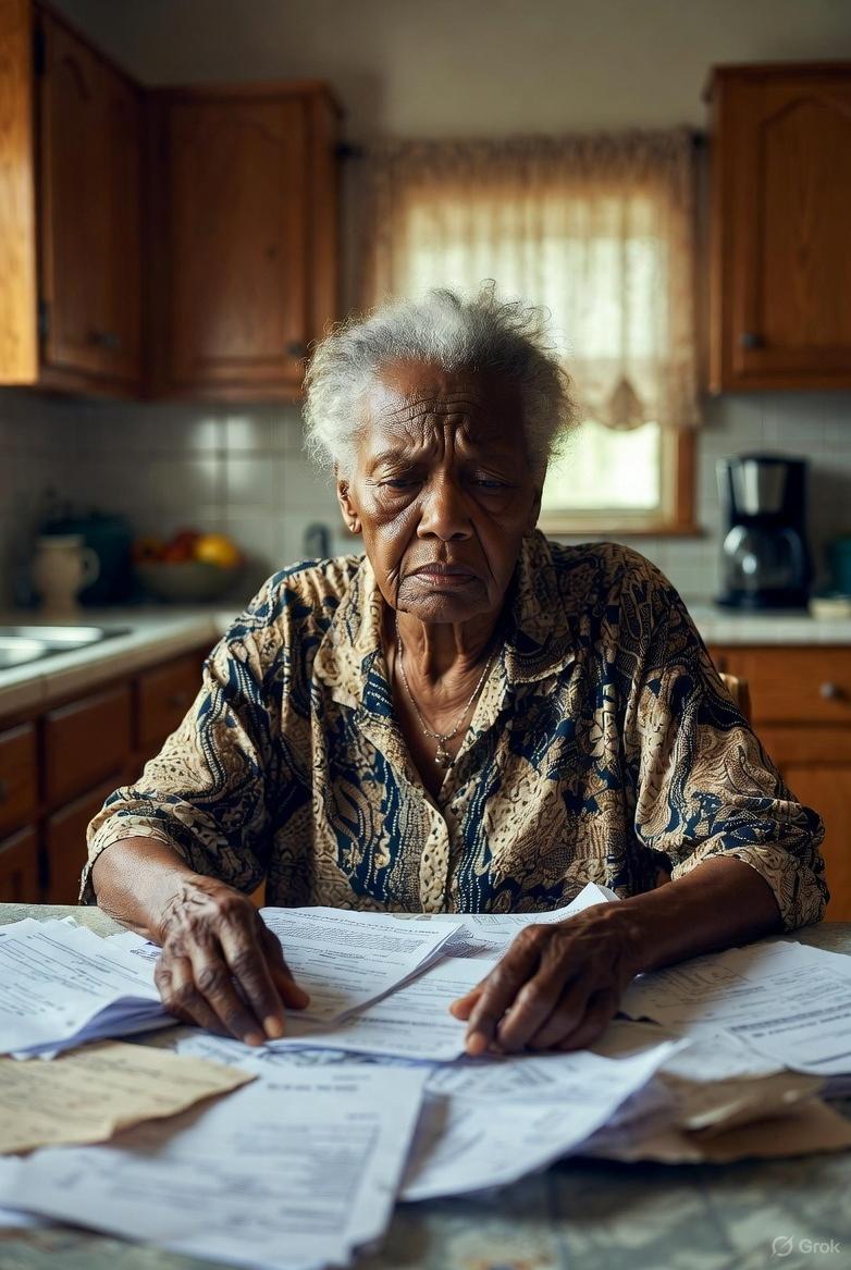 A photorealistic image of a distressed elderly Black woman sitting alone at a kitchen table with rent documents and eviction notices scattered in front of her - via GrokAI