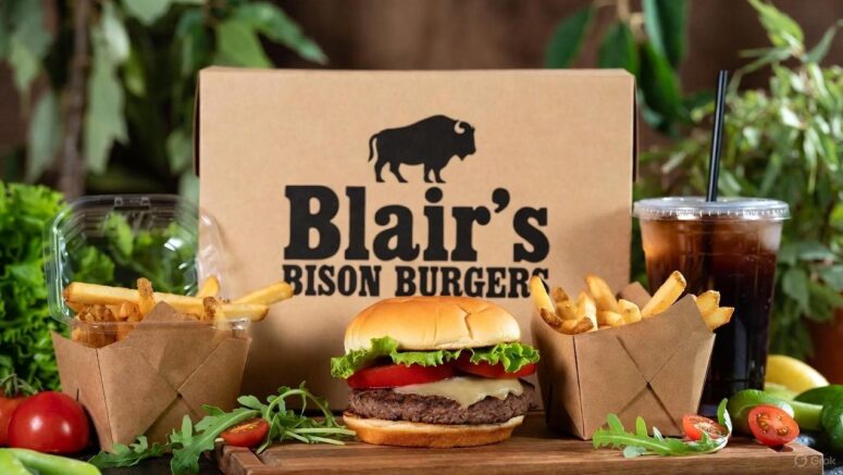 A promotional-style mockup of a bison burger meal in premium packaging labeled 'Blair&rsquo;s Bison Burgers' - via GrokAI