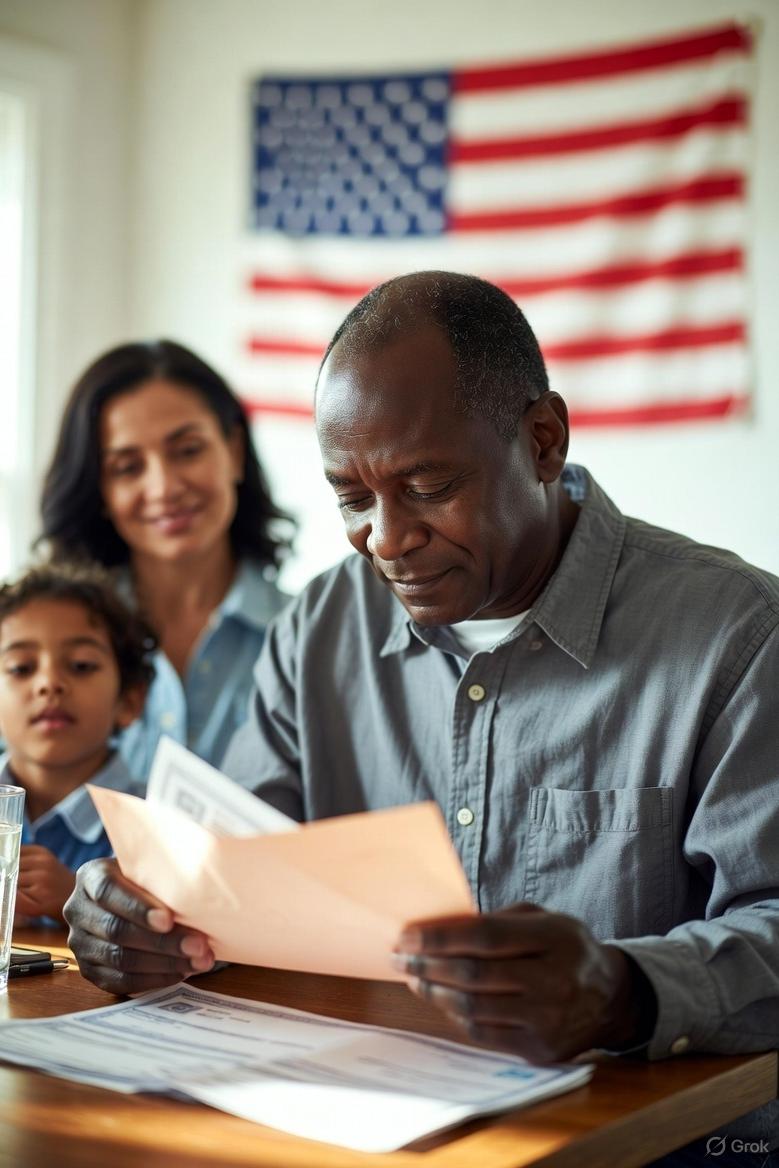 A relieved federal worker opening a paycheck envelope at home