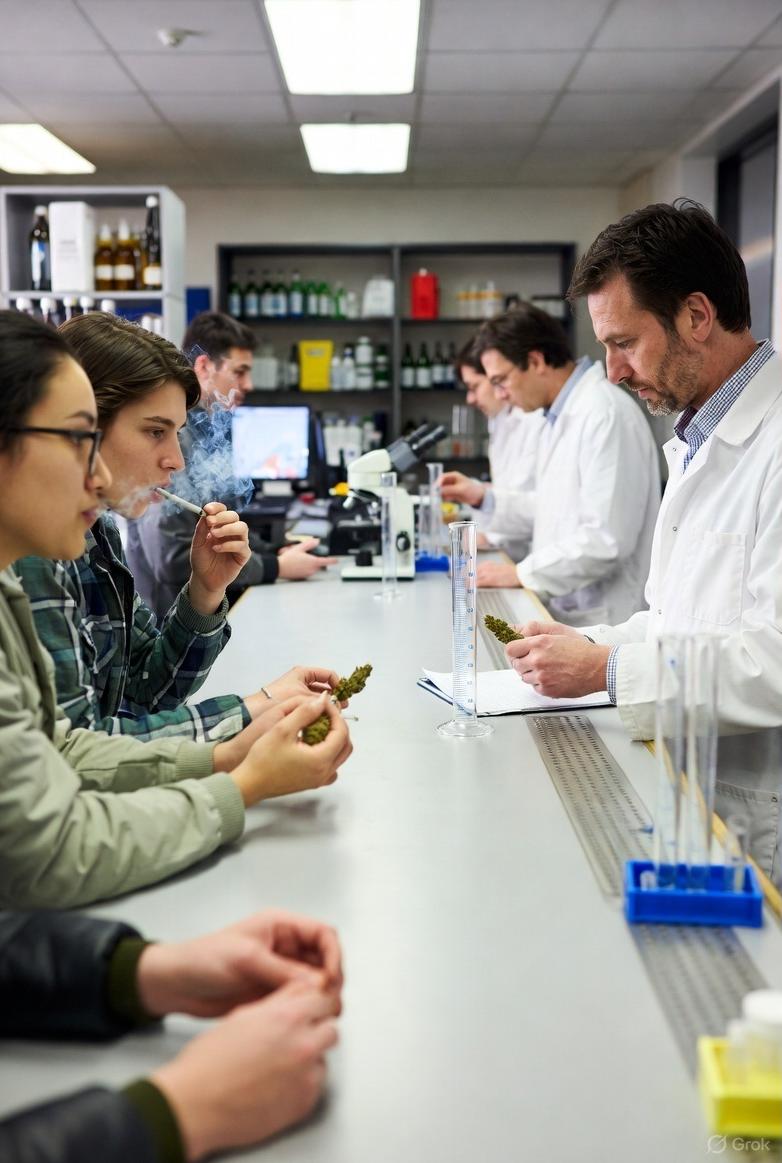 A research lab setting with participants in a controlled bar environment, showing cannabis smoking followed by drink measurement by scientists - via GrokAI