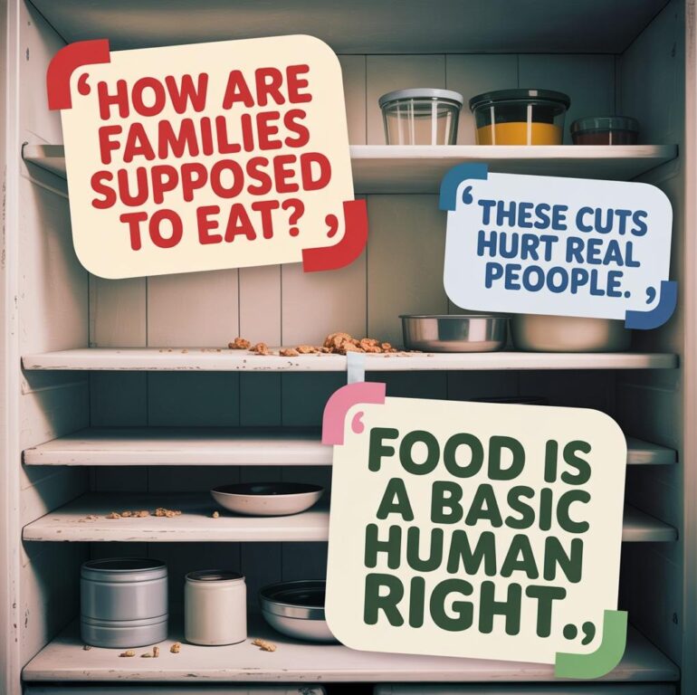 Social media collage featuring quotes reacting to food stamp cuts - via eurAI