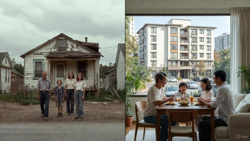 A stark side-by-side image showing a White American family struggling below the poverty line in a small town and a modern Chinese family in a modest but upgraded apartment - via GrokAI