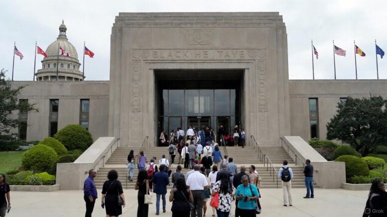 A striking photo-realistic scene of a Black heritage museum with crowds of diverse tourists entering, set against a backdrop of state capitol flags waving / via GrokAI