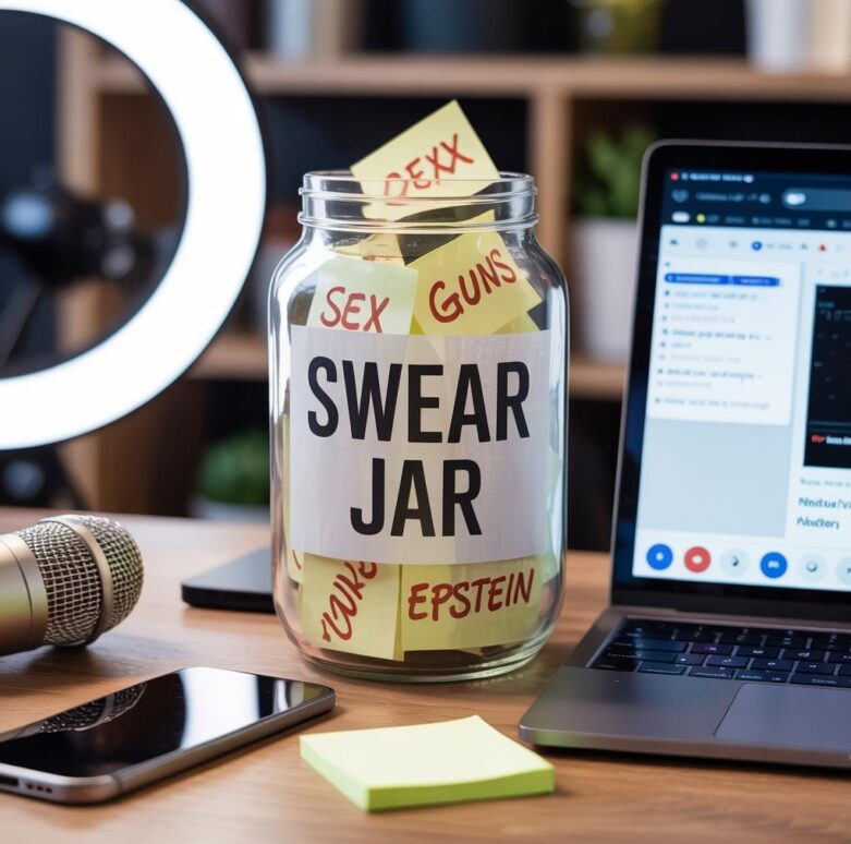 A "swear jar" full of banned internet words like &ldquo;sex,&rdquo; &ldquo;guns,&rdquo; and &ldquo;Epstein,&rdquo; sitting on a creator&rsquo;s desk next to a laptop and ring light