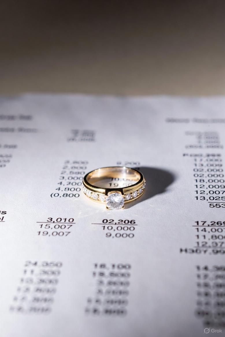 A symbolic photo of a wedding ring sitting on top of a financial statement, with shadows hinting at tension and separation / via GrokAI