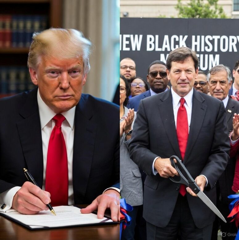 A symbolic split-screen image showing Trump angrily signing papers on one side while a red-state governor cuts a ribbon at a new Black history museum on the other