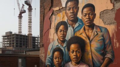 A weathered mural of a Black family on a crumbling brick wall in an urban Boston neighborhood, with construction cranes looming behind it - via eurAI