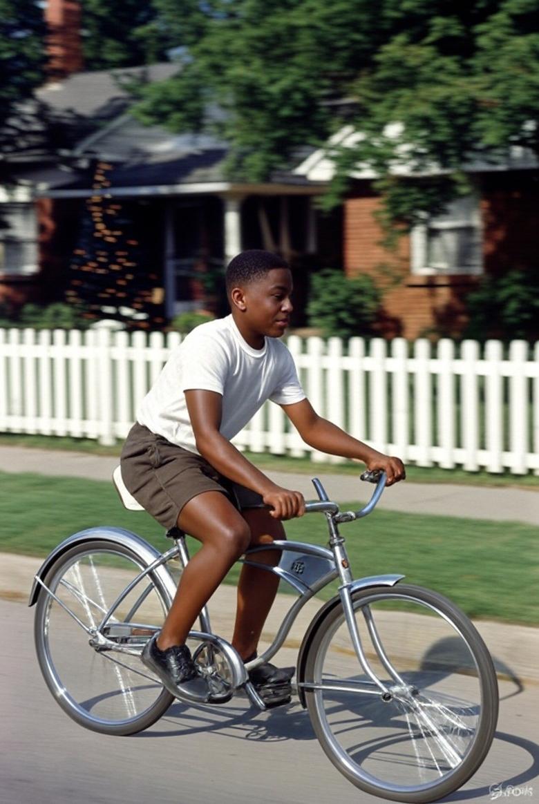 African American boy riding bike - via GrokAI