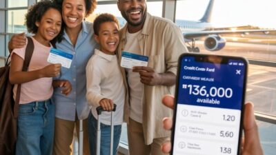Family at airport (with phone app showing travel mileage) - via eurAI