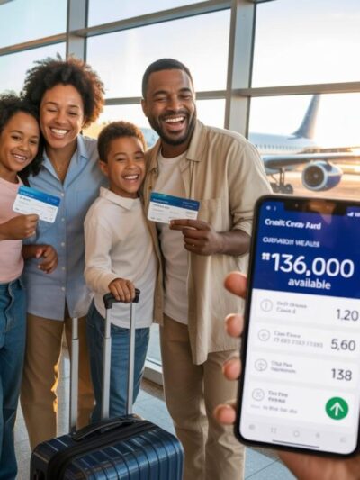 Family at airport (with phone app showing travel mileage) - via eurAI