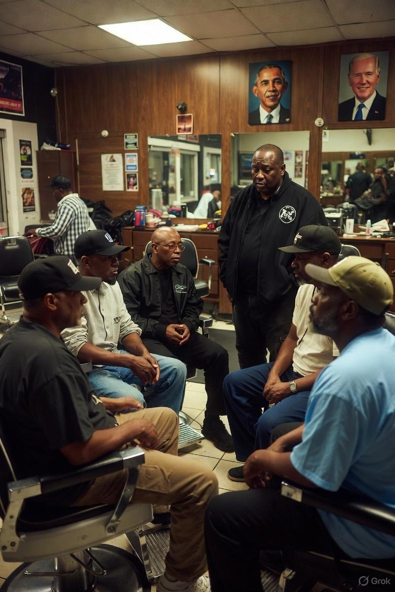 Black men in a Barbershop discussing politics - via GrokAI
