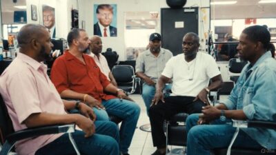 Black men in a Barbershop discussing politics - via GrokAI