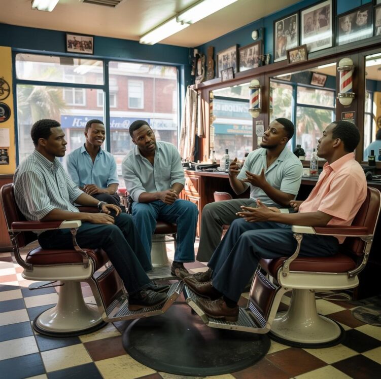 Black men in Barbershop discussing politics - via eurAI
