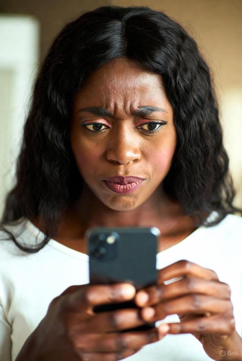 Black woman looking at phone with trepidation - via GrokAI