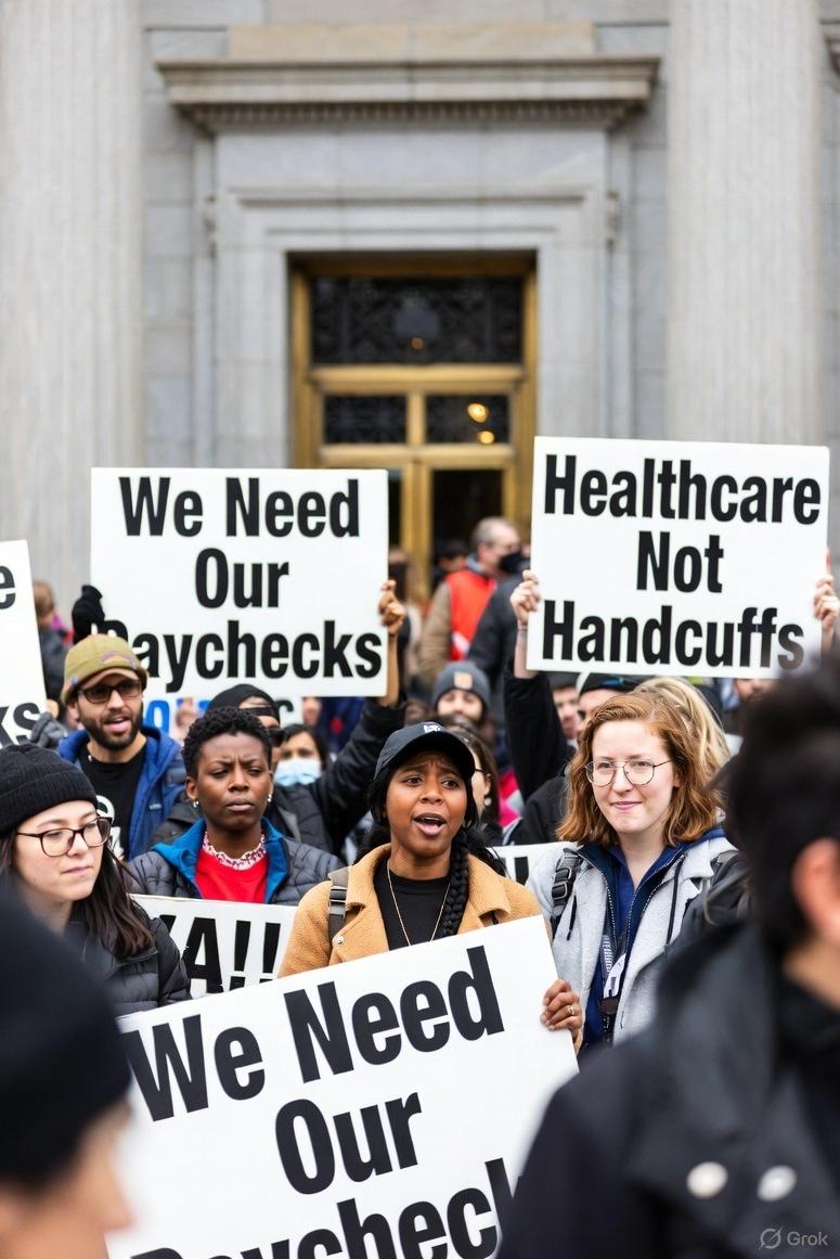 Furloughed federal workers outside a closed government building holding protest signs about lost pay and healthcare - via GrokAI