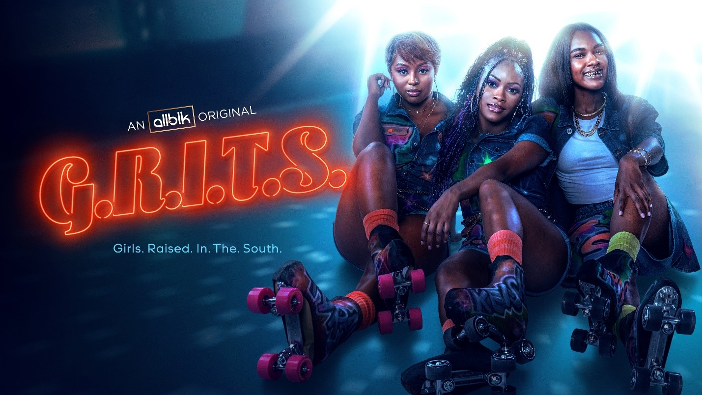 Promotional image for the ALLBLK series &ldquo;G.R.I.T.S. Girls Raised in the South&rdquo; featuring Ashanti Harris, Jasmine Sargent, and Aja &ldquo;Slimeroni&rdquo; Canyon sitting on roller skates under bright lights.