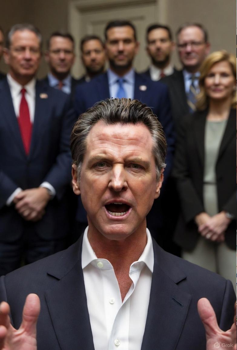 Gavin Newsom (with US Senators in Bgrd) - via GrokAI