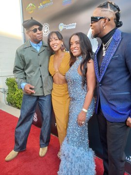 Jonathan Majors and Meagon Good with another couple on the red-carpet arrivals for the 9th HAPAwards.