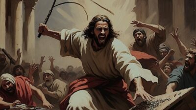 Jesus driving out the moneychangers and those who sold goods from the temple. (via Grok AI)