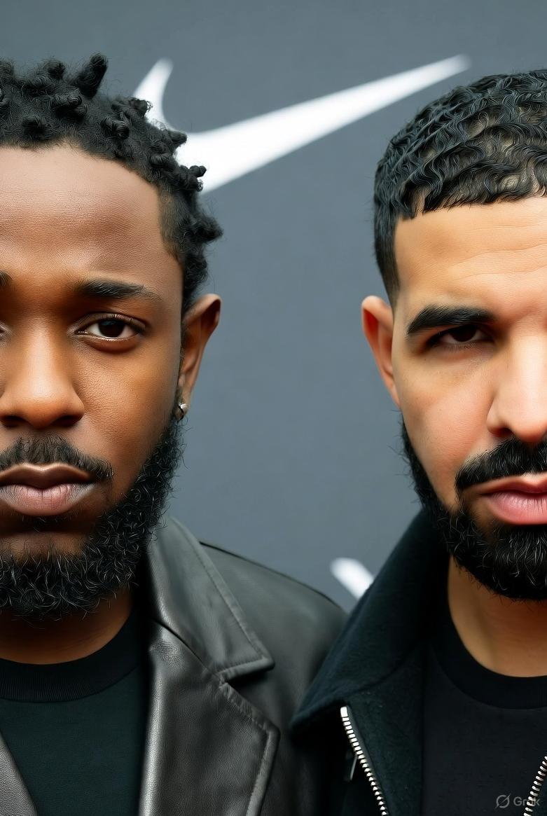 Kendrick Lamar and Drake (with Nike logo in bgrd) - via GrokAI