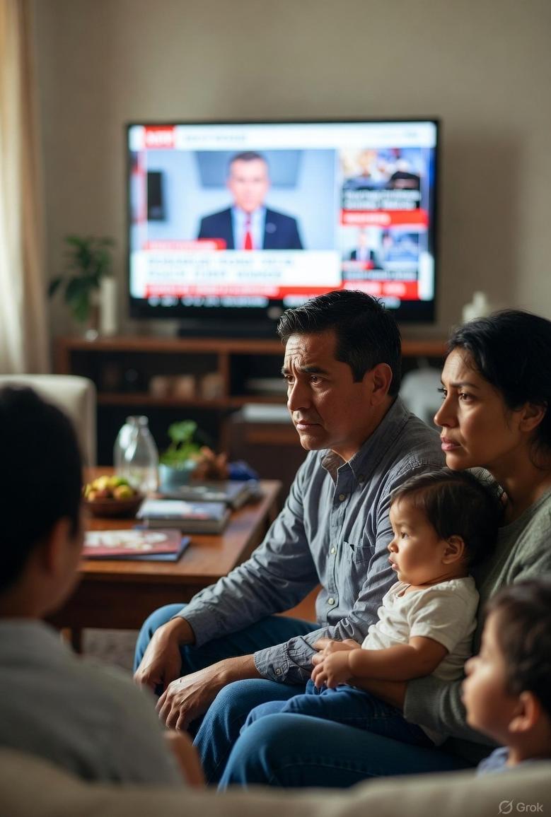 A Latino family watching immigration news at home on TV, concerned expressions, with headlines mentioning ICE and policy changes - via GrokAI