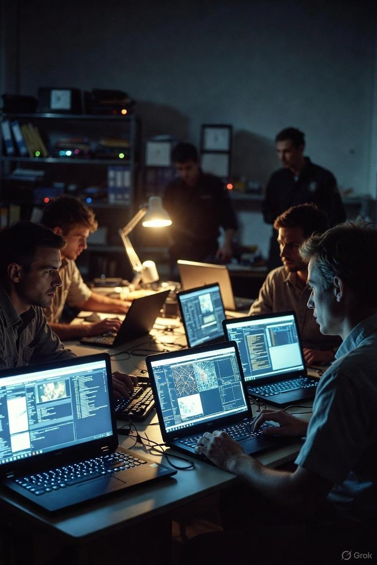 Law enforcement examining digital evidence on laptops in a dimly lit room, symbolizing online plot investigation - via GrokAI