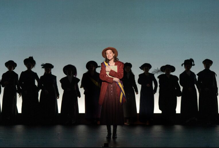 Maya Keleher (Alice Paul) and company in the First National Touring Company of SUFFS. Photo by Joan Marcus, 2025.